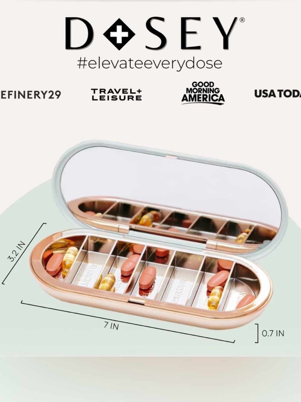 DOSEY 7-Day Pill Compact Case Sage Gold Supplements Vitamins Travel Container